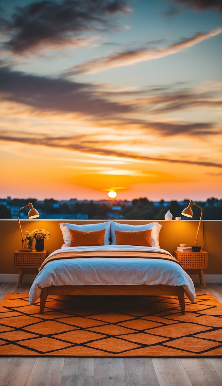 A cozy bedroom with a sunset orange geometric rug, warm lighting, and 25 orange-themed decor ideas