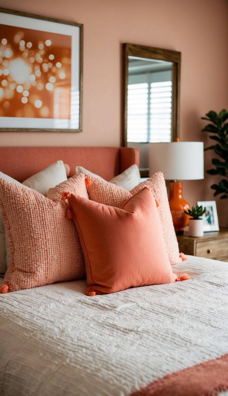 A cozy bedroom with peach and coral throw pillows, accented with orange decor and warm lighting