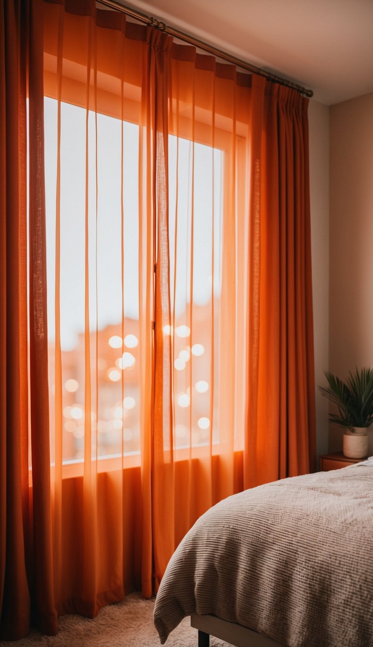 Burnt orange curtains softly filter light into a cozy bedroom