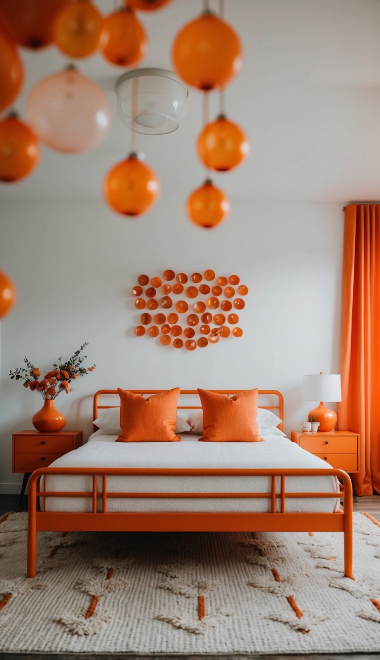 A mid-century modern orange bed frame in a bedroom with 25 orange decor accents