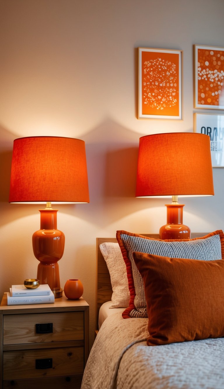 Two rust orange bedside lamps illuminate a cozy bedroom with 25 orange-themed decor ideas