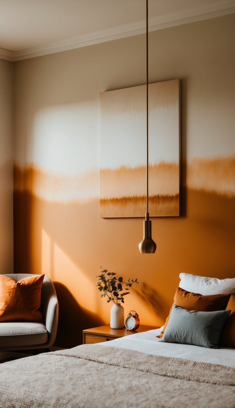 A serene bedroom with a muted orange ombre wall art, casting a warm glow on the cozy space