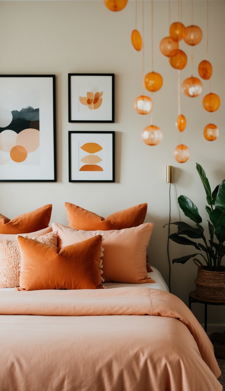 A cozy bedroom with soft apricot bedding, accented by 25 shades of orange decor and accessories