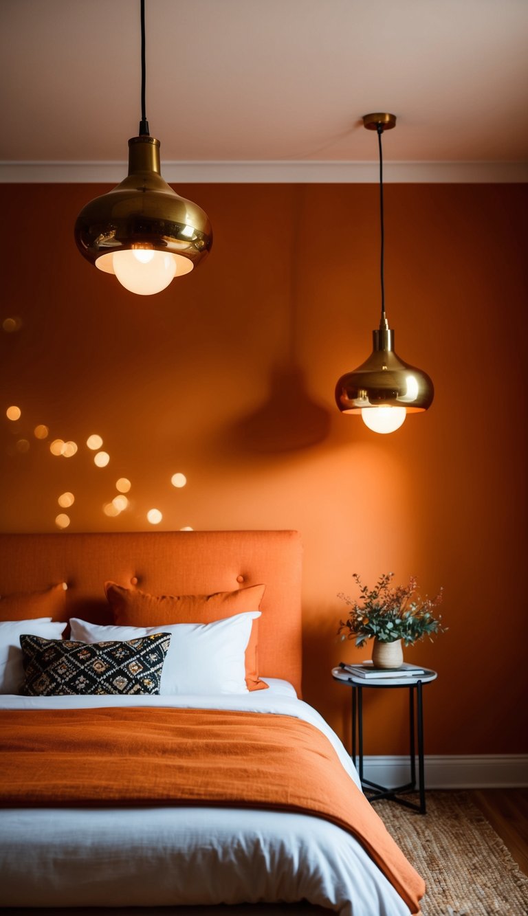 A cozy orange bedroom with brass pendant lighting casting a warm glow over the space