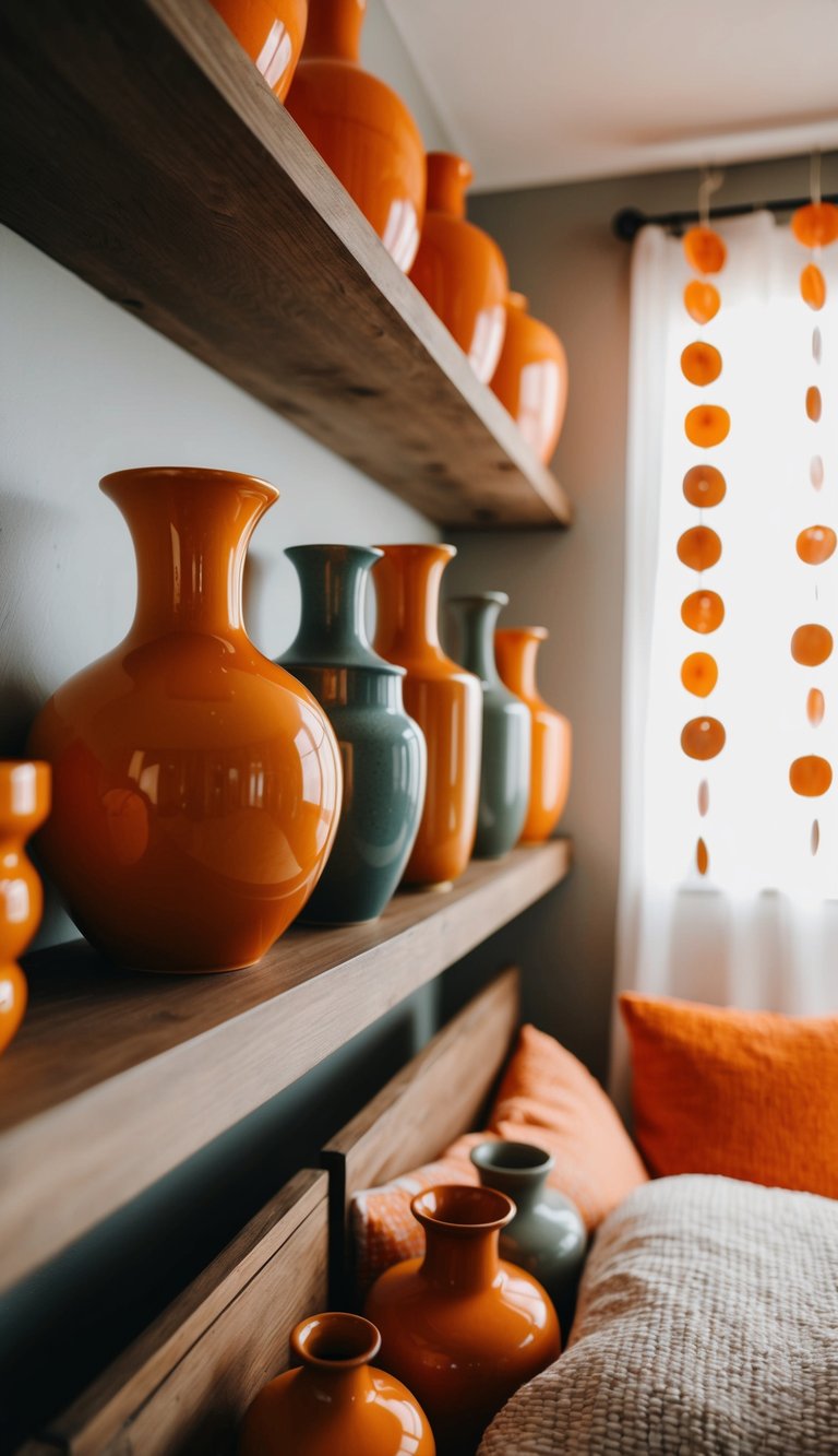 A collection of vintage orange ceramic vases arranged on a wooden shelf in a cozy bedroom filled with 25 orange-themed decor ideas