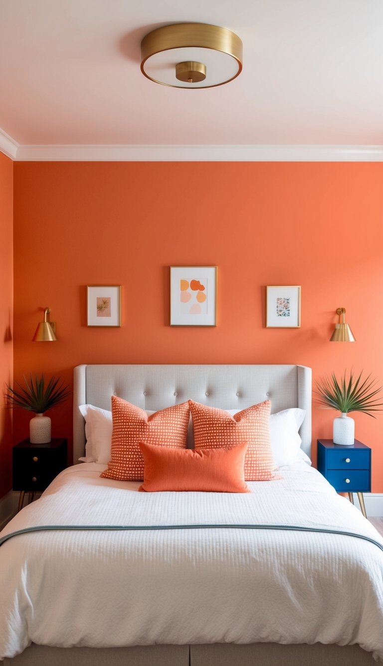 A bright coral accent wall stands behind the bed, surrounded by 25 orange bedroom ideas