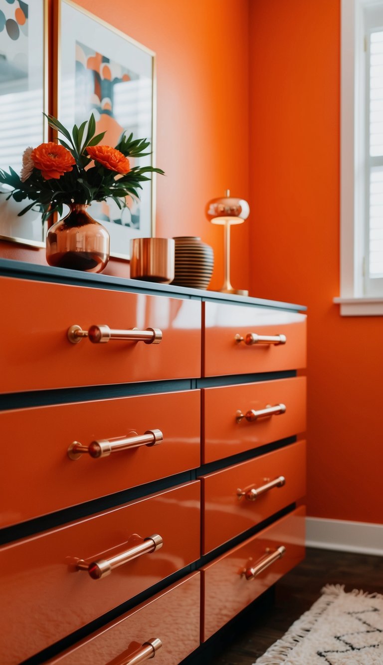 Copper drawer pulls on sleek, modern dressers in a vibrant orange bedroom
