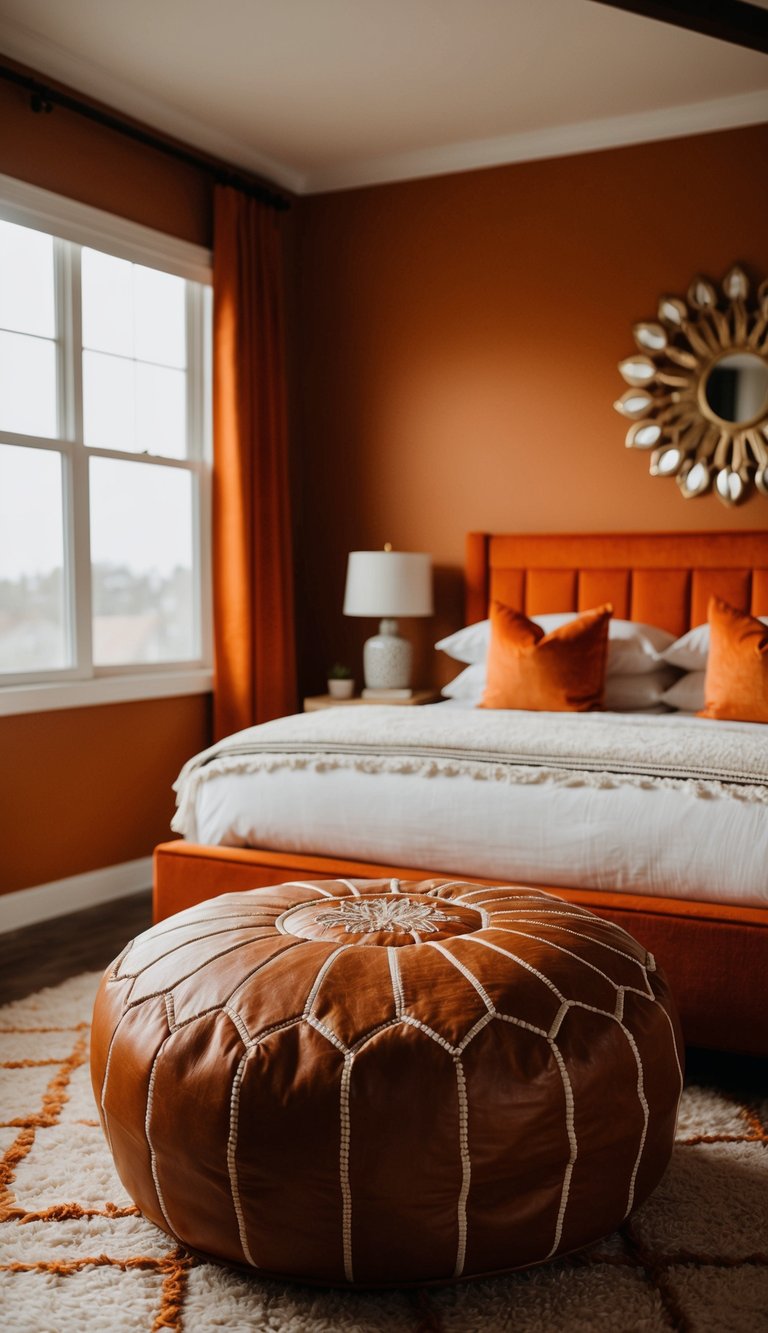 A deep orange Moroccan pouf sits in the center of a cozy bedroom, surrounded by warm, vibrant orange decor and accents