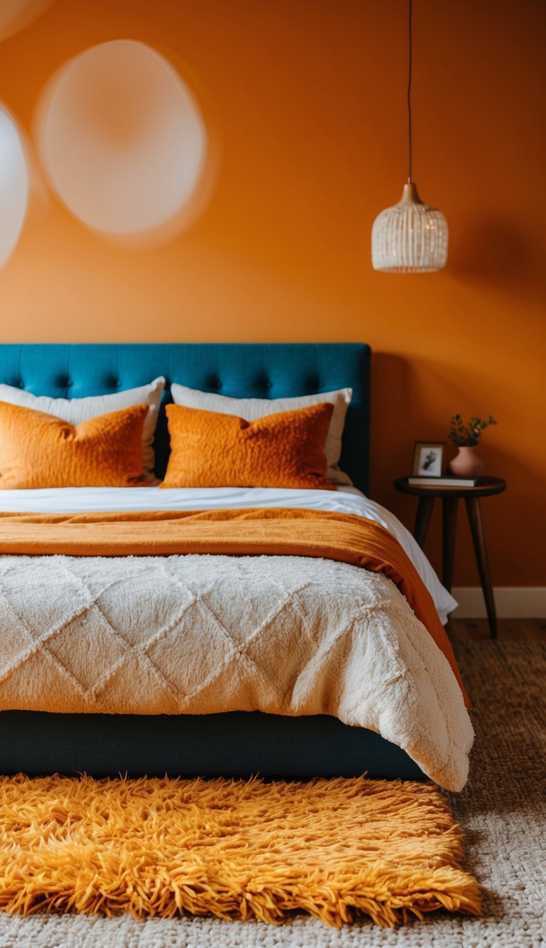 A saffron-colored shag rug anchors a vibrant orange bedroom, with warm tones and cozy textures throughout