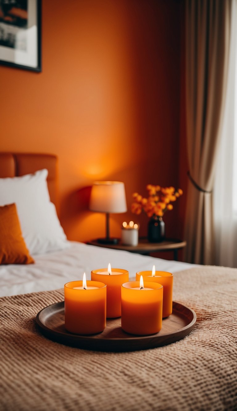 A cozy bedroom with orange walls and orange blossom scented candles creating a warm and inviting atmosphere