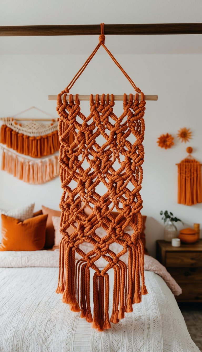 A handwoven orange macramé wall hanging hangs in a cozy bedroom adorned with various shades of orange decor