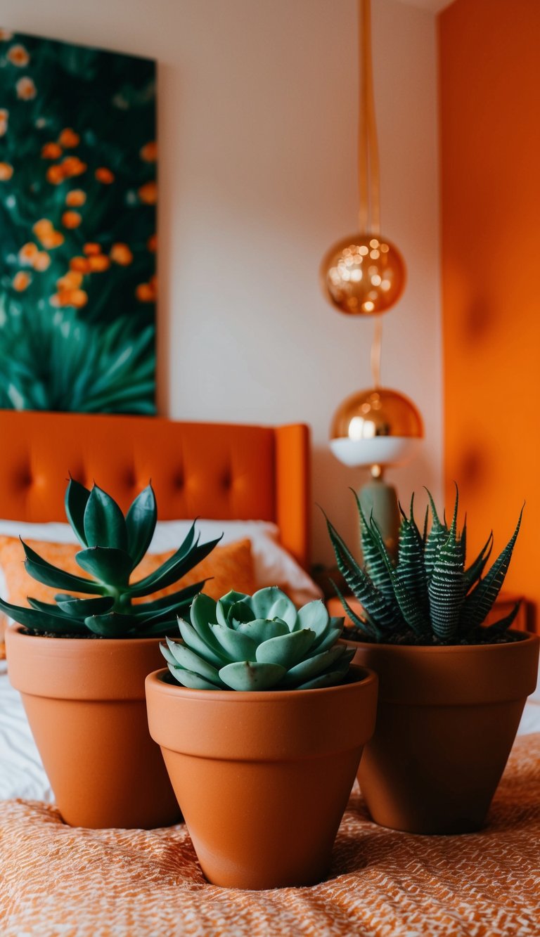 Terracotta pots with green succulents in an orange-themed bedroom
