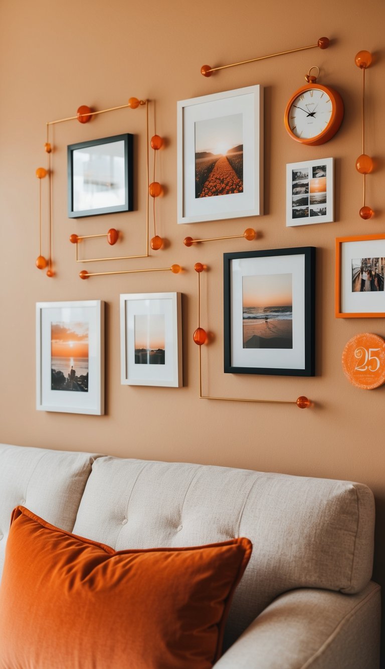 A warm orange and beige gallery wall adorned with 25 orange bedroom ideas