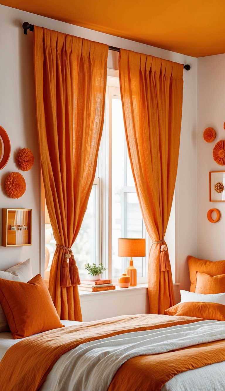 Orange linen drapes with tassel tiebacks hang in a vibrant bedroom setting, surrounded by 25 orange-themed decor ideas