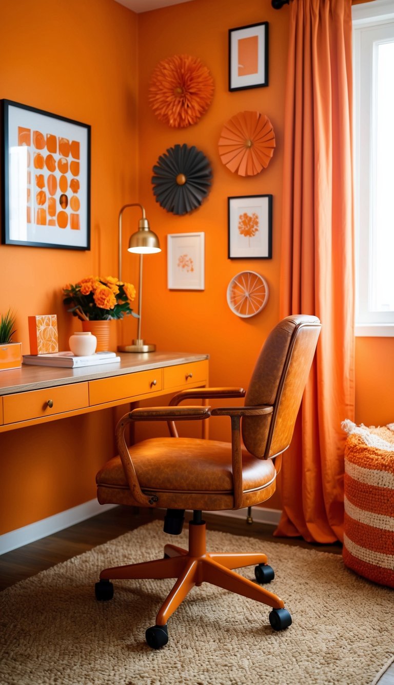 A rusty orange leather desk chair sits in a vibrant orange bedroom, surrounded by 25 different orange-themed decor ideas
