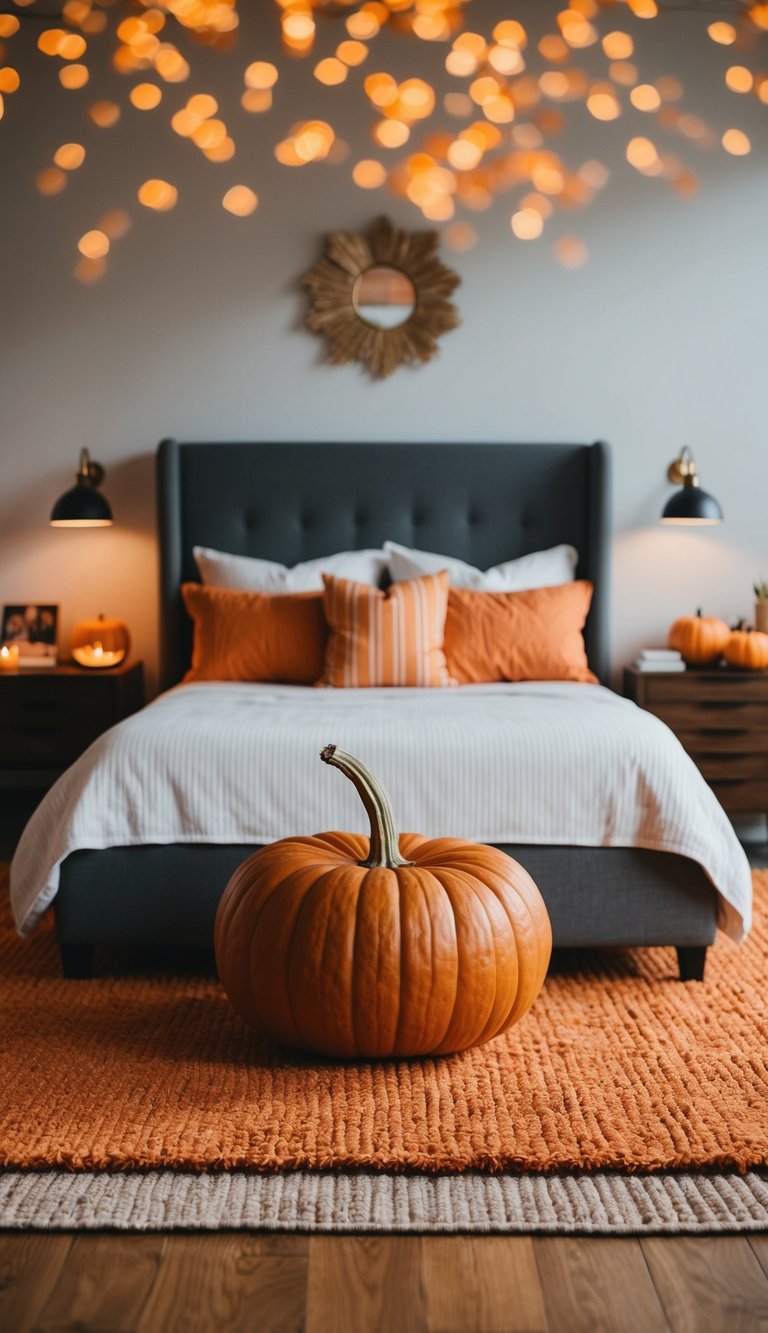 A pumpkin orange area rug lies beneath a bed in a room filled with 25 orange bedroom ideas