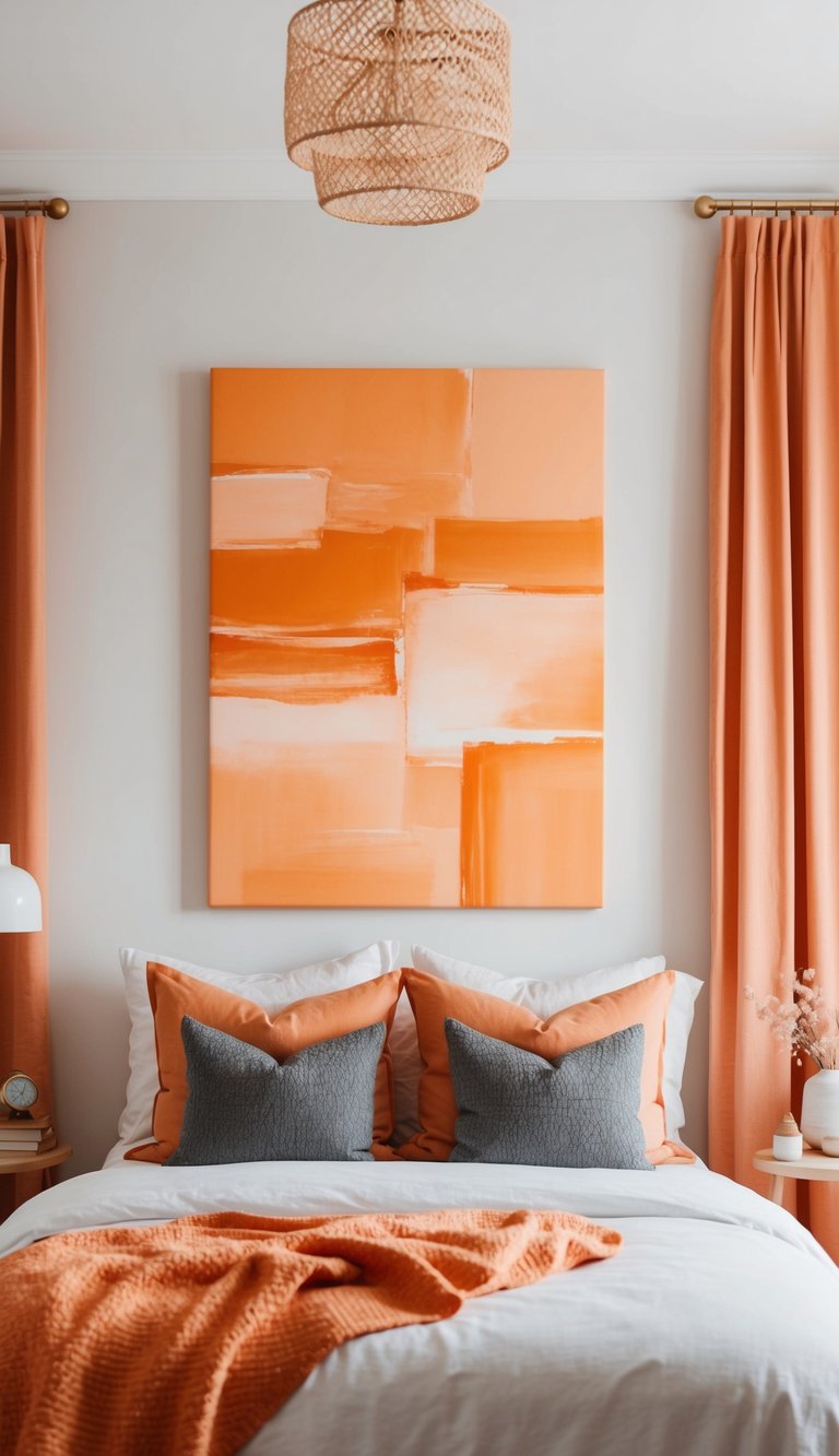 A peachy-orange abstract canvas hanging in a cozy bedroom with 25 orange decor ideas