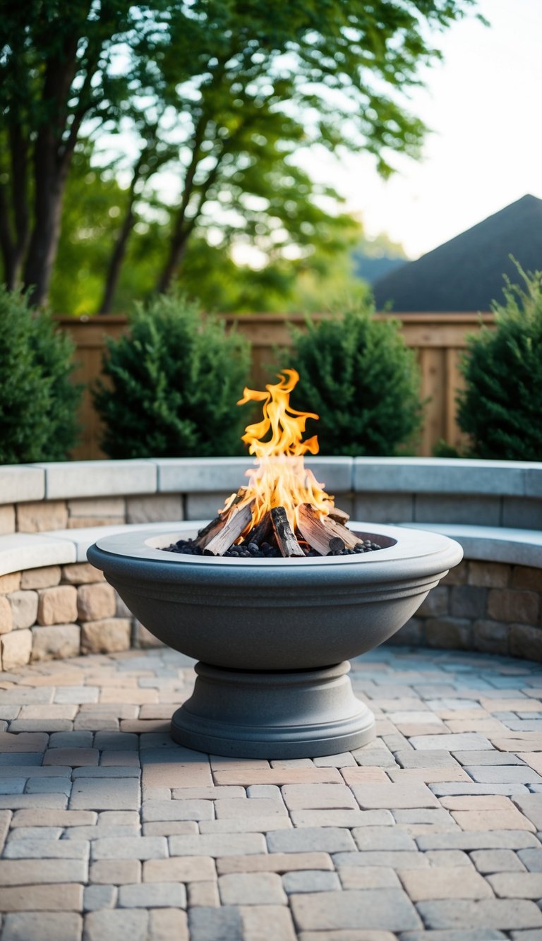 A classic stone fire pit surrounded by a seating wall in a backyard setting