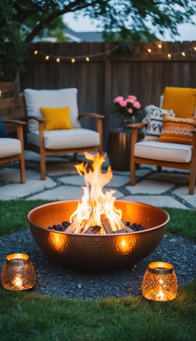 A cozy backyard with a copper bowl fire pit surrounded by 27 different outdoor fire pit ideas