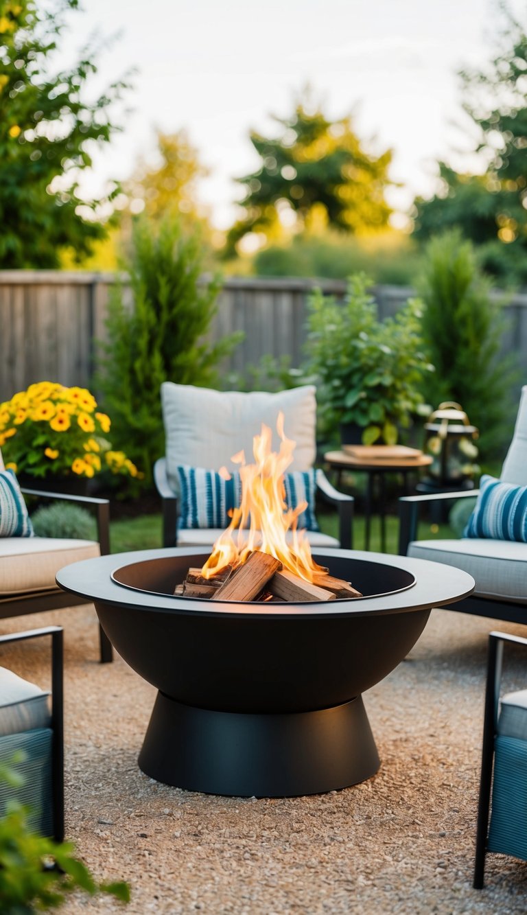 A backyard fire pit made of steel rings surrounded by outdoor seating and greenery