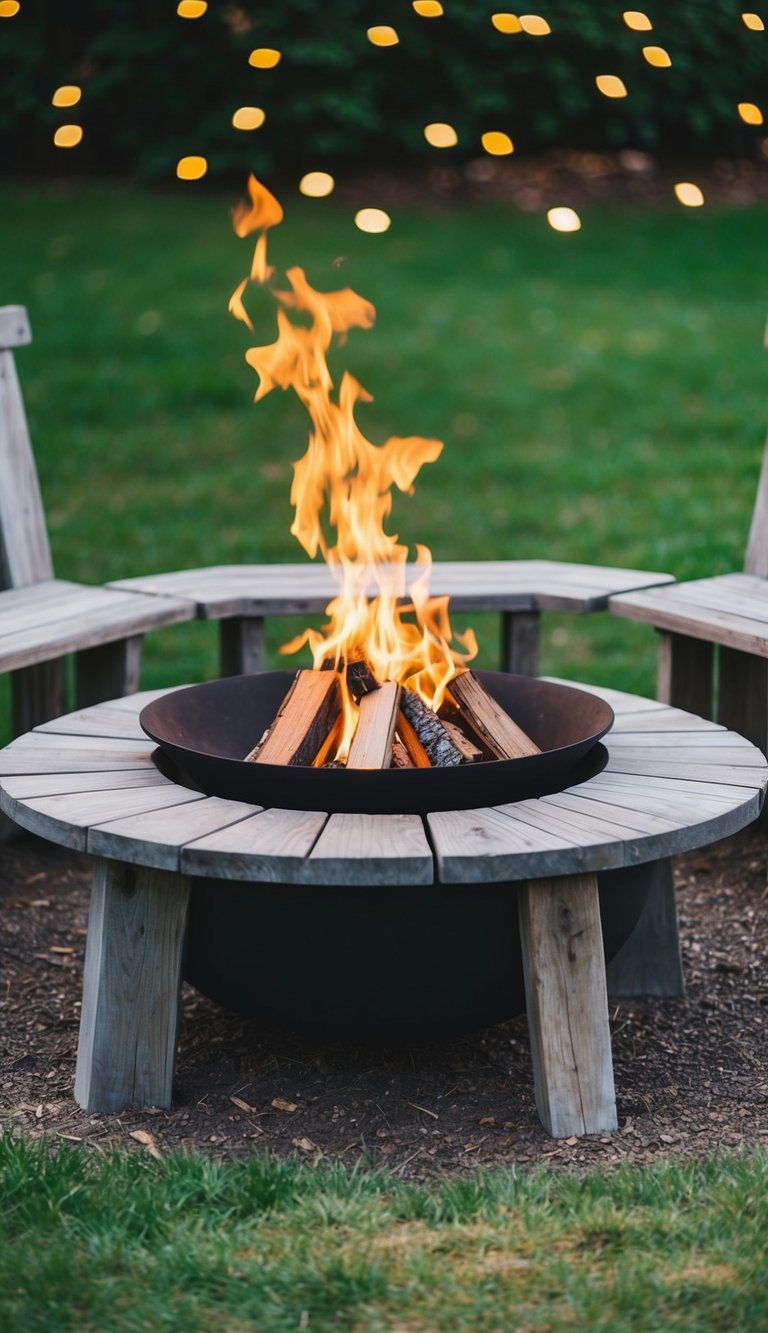 A weathered wood bench encircles a crackling fire pit, set among 27 backyard fire pit ideas