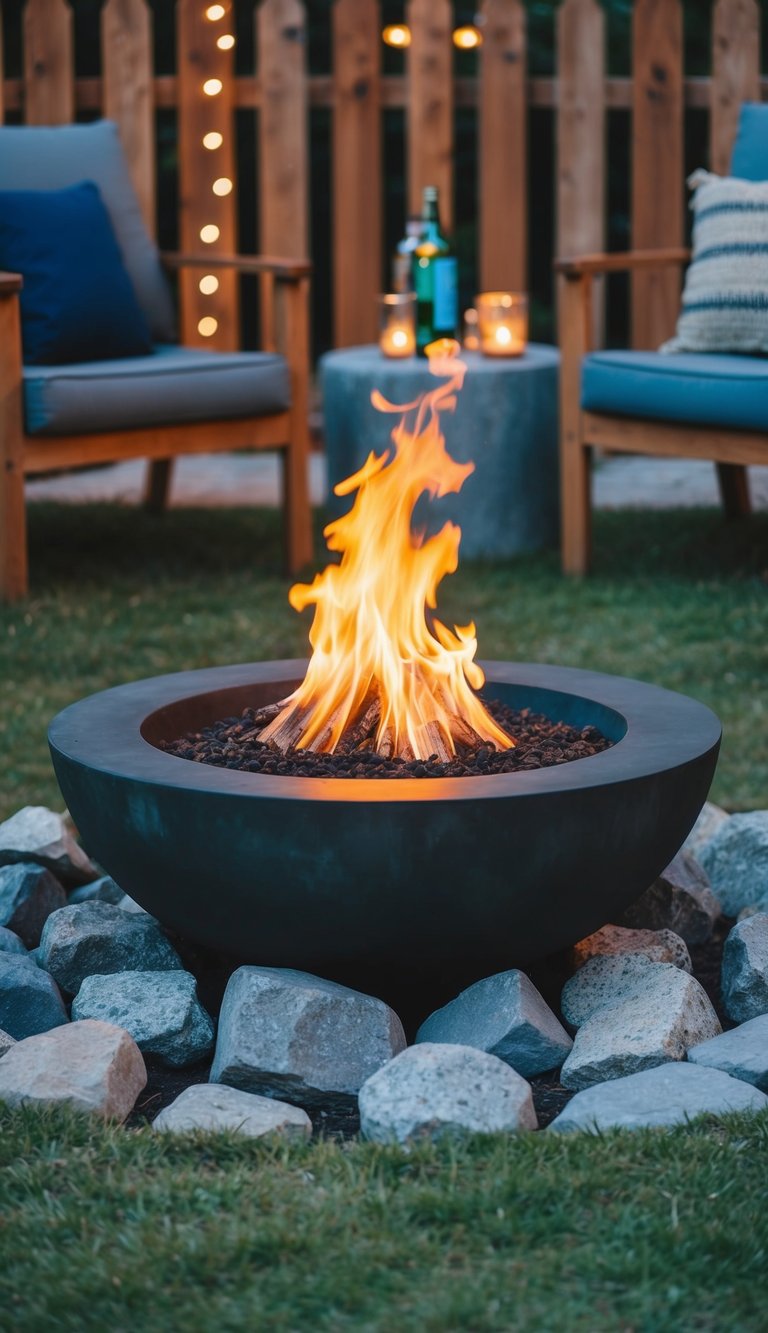 A sunken fire pit is surrounded by rocks in a backyard, with a cozy and inviting atmosphere for outdoor gatherings