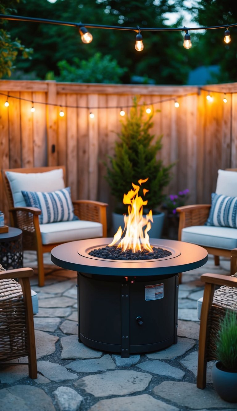A cozy backyard with a portable propane fire pit table surrounded by 27 different outdoor fire pit ideas, creating a warm and inviting atmosphere