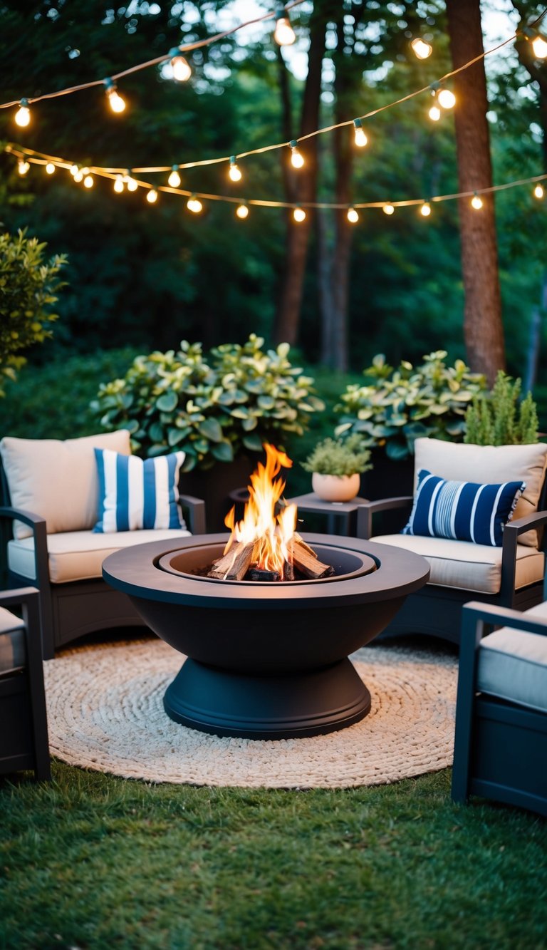 A cozy backyard fire pit with a built-in grill surrounded by comfortable seating, nestled among lush greenery and twinkling string lights