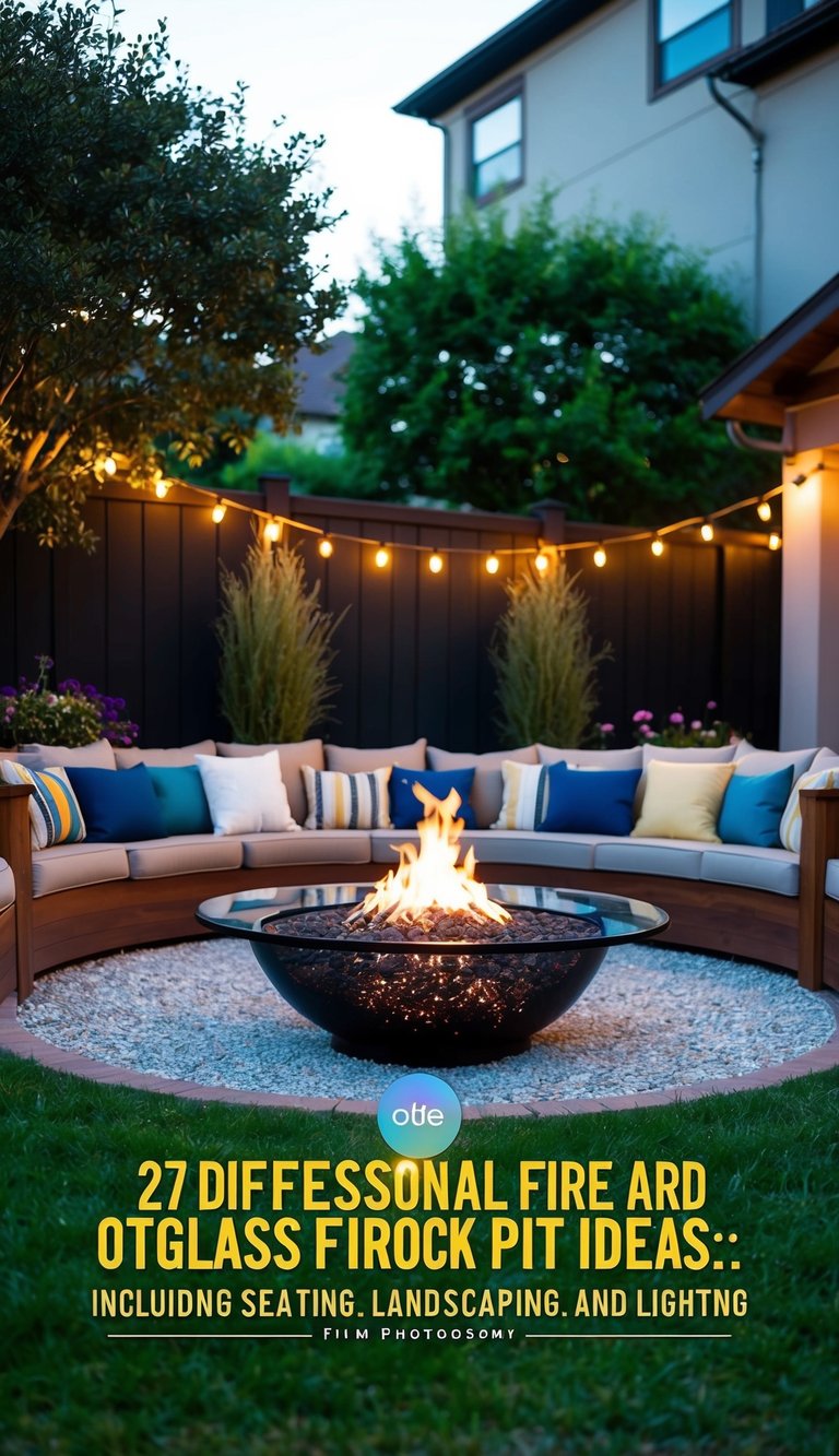 A cozy backyard with a fire glass fire pit surrounded by 27 different outdoor fire pit ideas, including seating, landscaping, and lighting