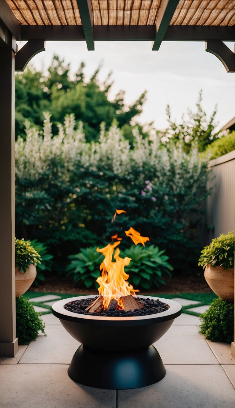 A cozy fire pit sits beneath a pergola cover, surrounded by lush greenery in a backyard oasis
