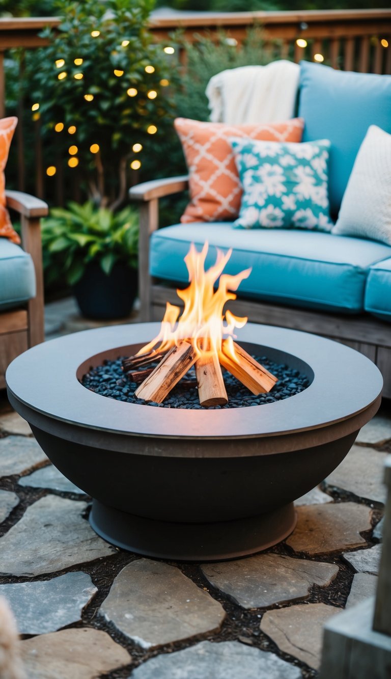 A circular fire pit surrounded by flagstone in a backyard, with cozy seating and soft lighting
