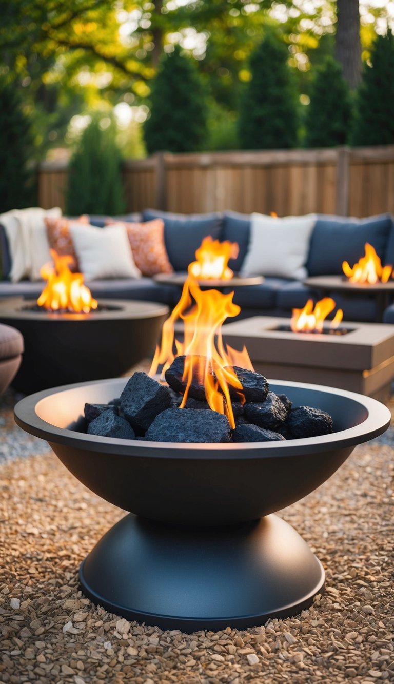 A steel gas fire pit with lava rocks sits in a backyard surrounded by 27 different outdoor fire pit ideas