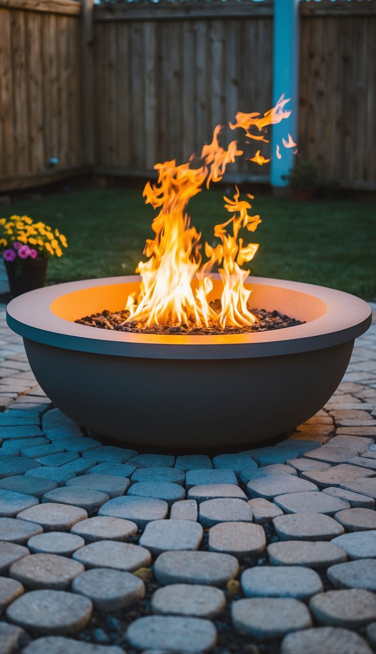 A circular fire pit sits in the center of a backyard, surrounded by neatly arranged paver stones. The warm glow of the flames illuminates the surrounding area