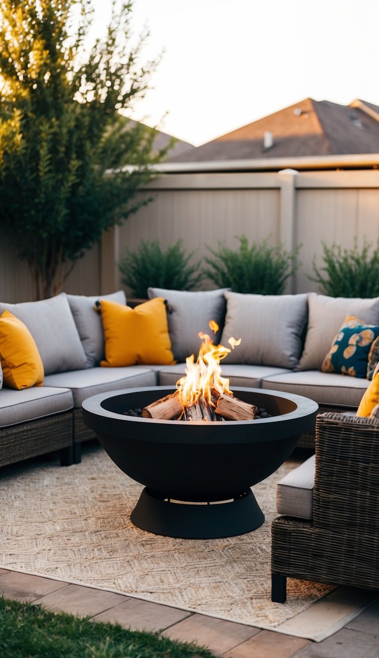 A cozy outdoor sofa seating area surrounds a crackling fire pit in a backyard, creating a warm and inviting atmosphere for relaxation and socializing