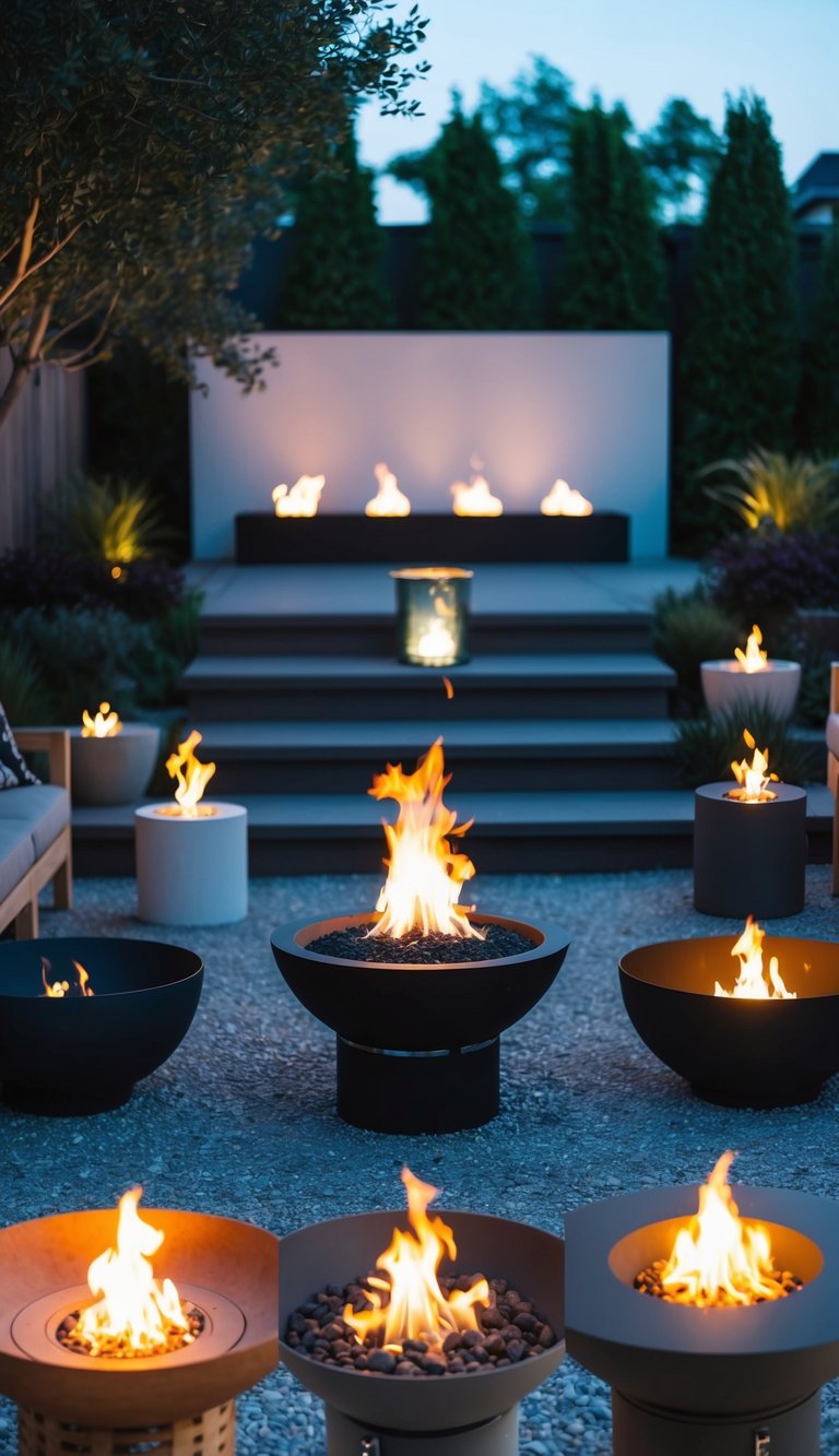 A modern backyard with a bioethanol fire pit as the focal point, surrounded by 27 different outdoor fire pit designs