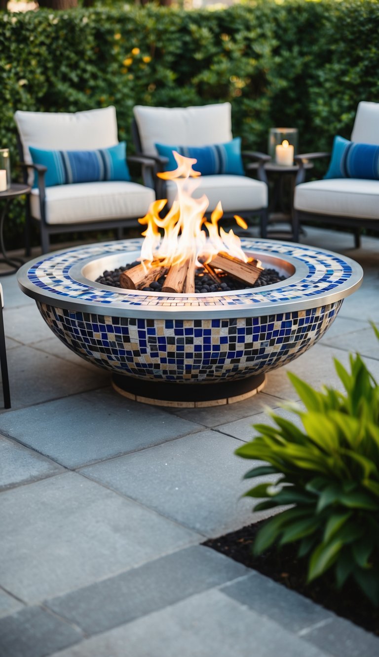 A circular fire pit with a mosaic tile design, surrounded by lush greenery and outdoor seating