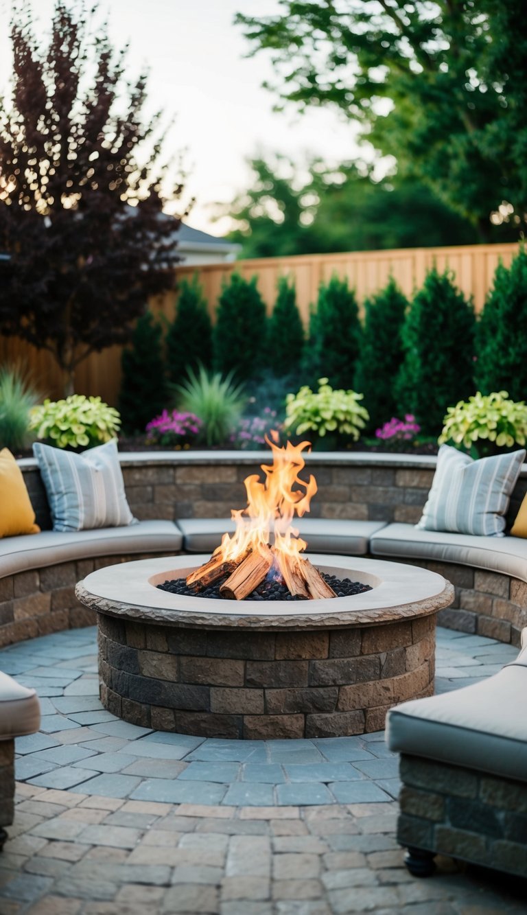 A circular stone fire pit surrounded by built-in seating in a backyard landscape