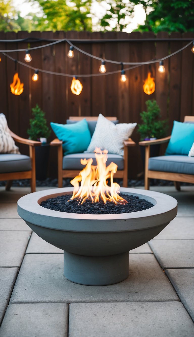 A concrete fire pit with a polished finish sits in a backyard surrounded by 27 different outdoor fire pit ideas