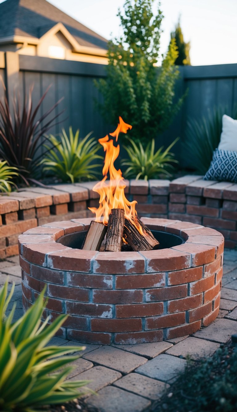 A rustic brick fire pit surrounded by native plants in a backyard landscape