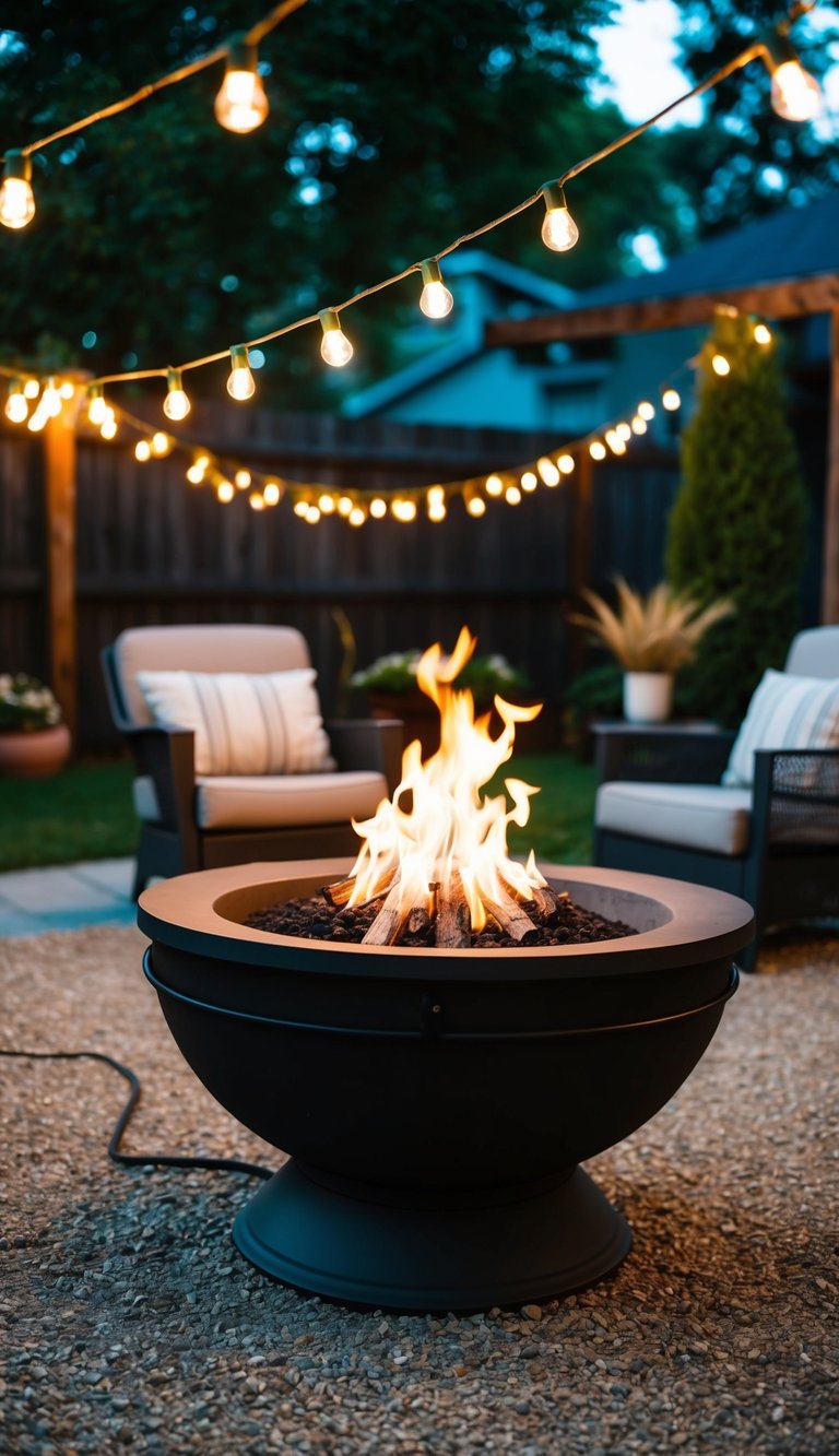A cozy fire pit surrounded by twinkling string lights in a backyard setting