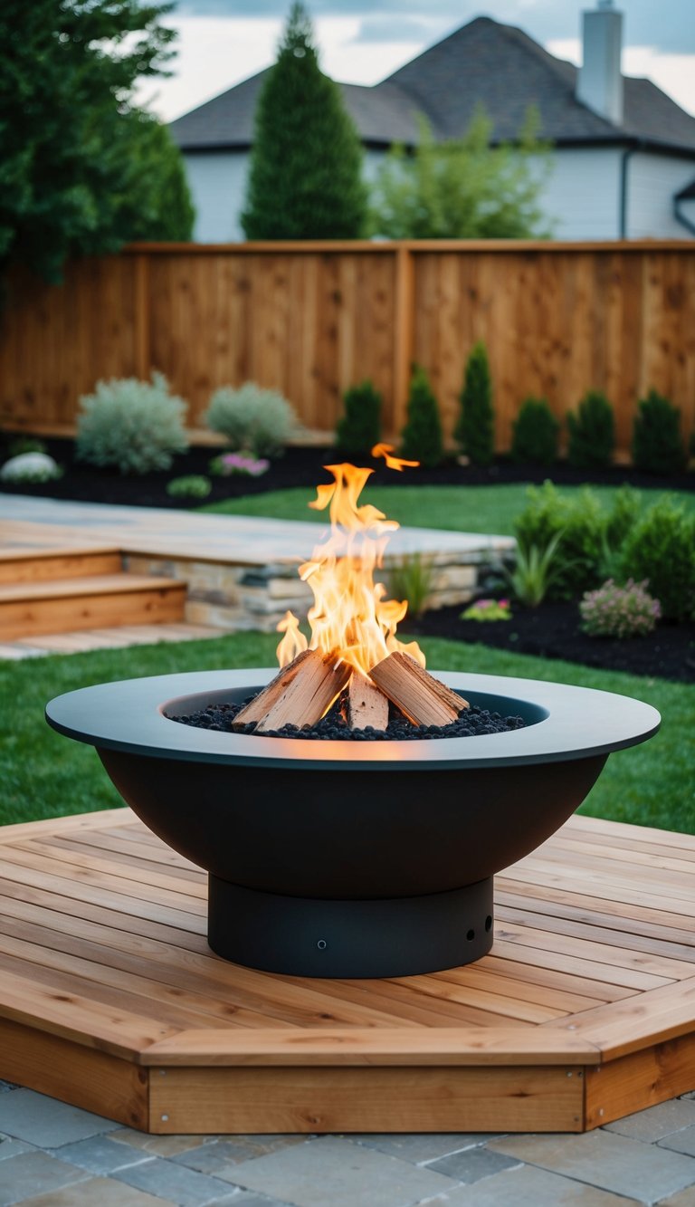A raised fire pit sits on a wooden deck platform surrounded by a landscaped backyard