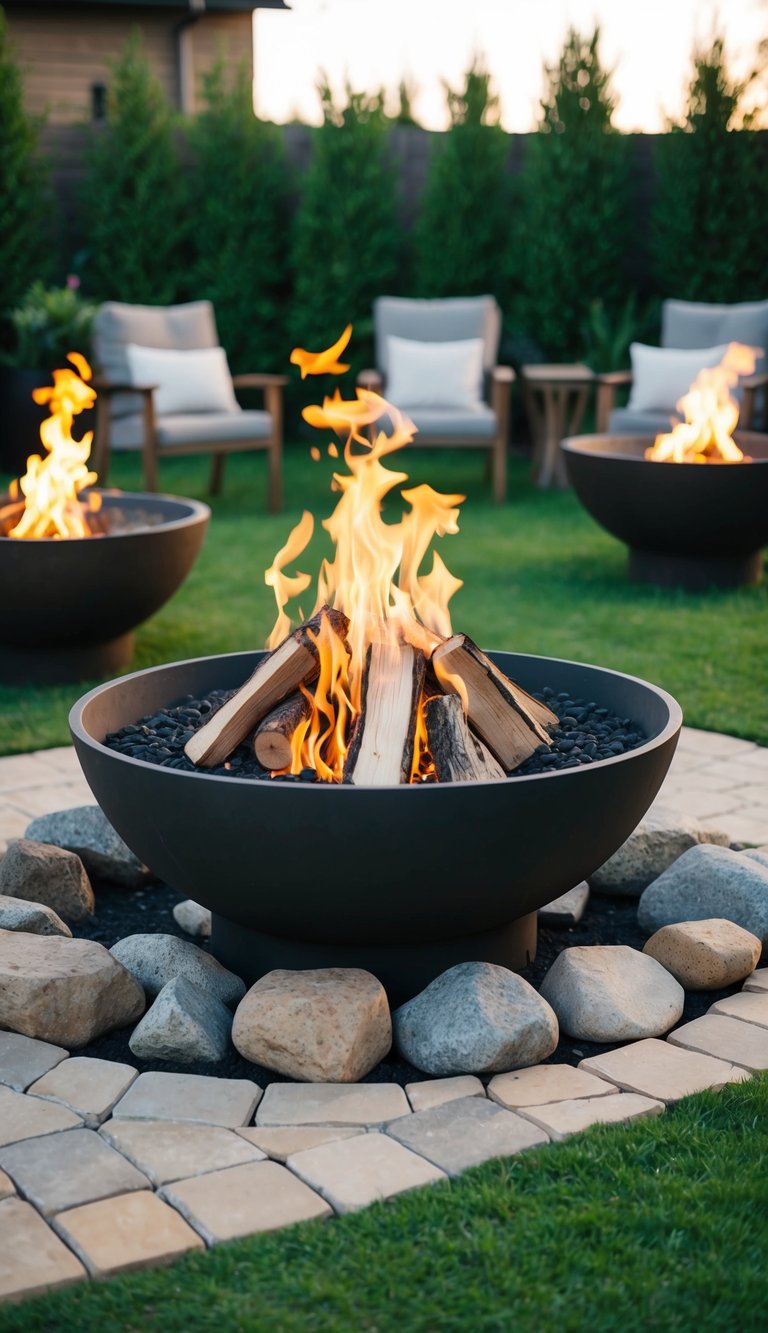 A fire pit surrounded by natural river rocks sits in a backyard, with 27 other outdoor fire pit ideas visible in the background