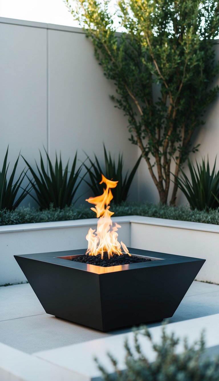A sleek square fire pit surrounded by clean lines and minimalistic landscaping in a modern backyard setting