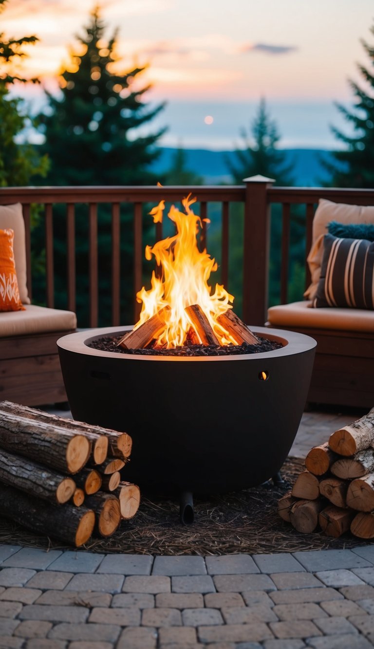 A fire pit with a log storage bench surrounded by 27 backyard fire pit ideas