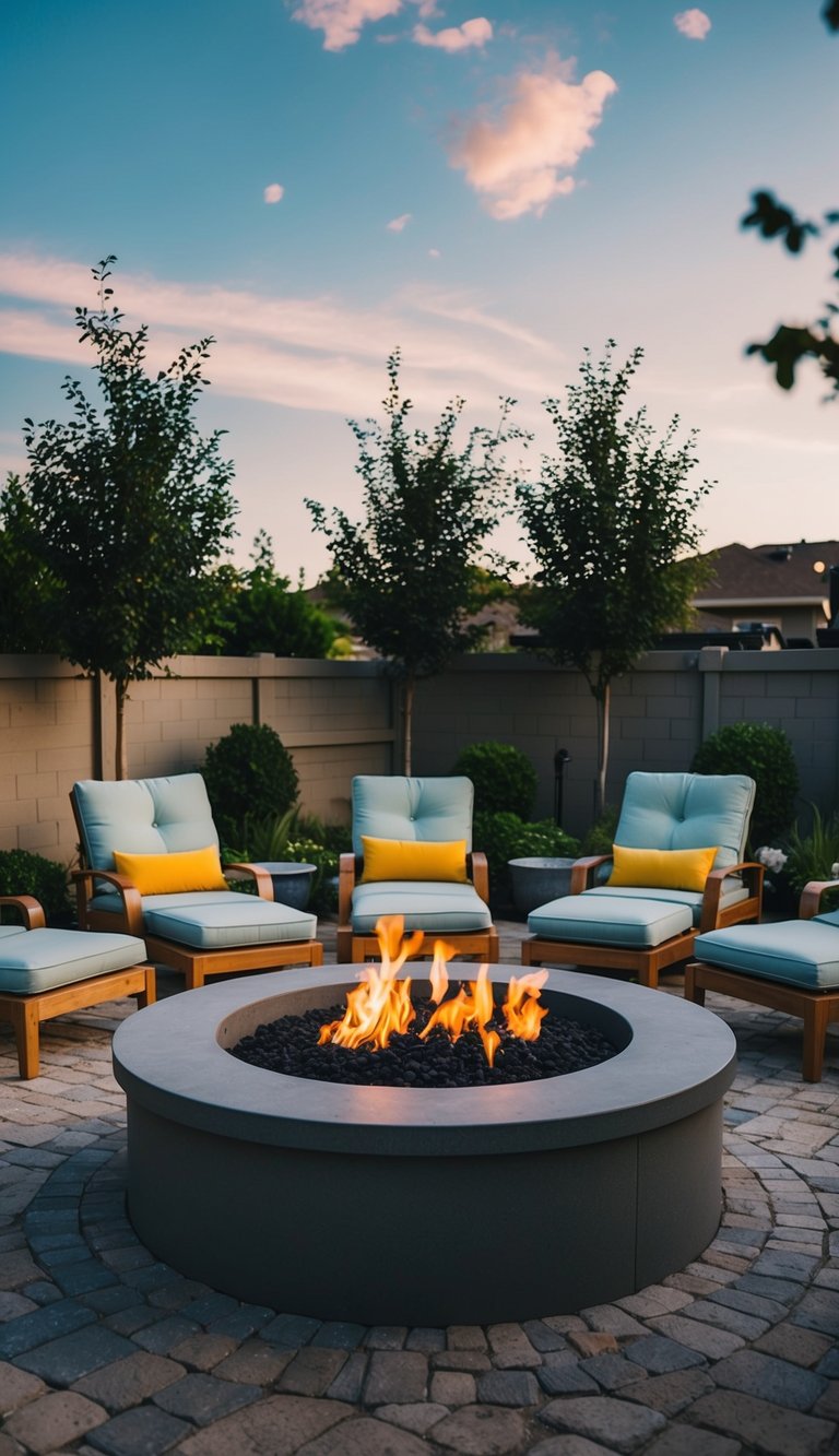 Comfy lounge chairs surround a sunken fire pit in a backyard landscape