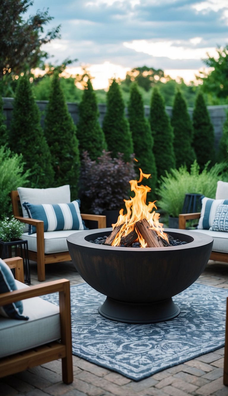 A cozy backyard fire pit with a raised metal edge, surrounded by comfortable seating and surrounded by lush greenery