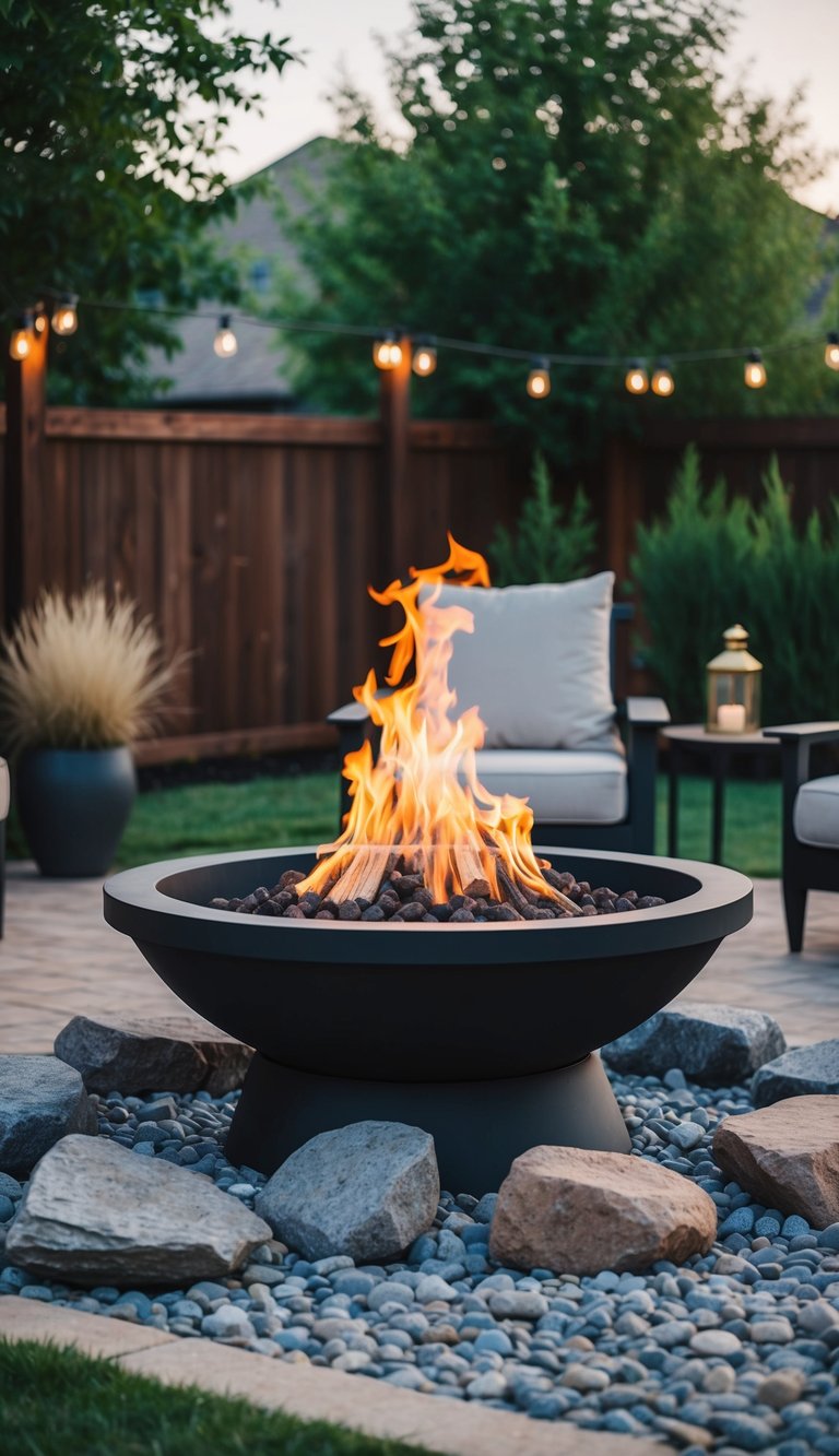 A fire pit surrounded by decorative river rocks in a backyard landscape