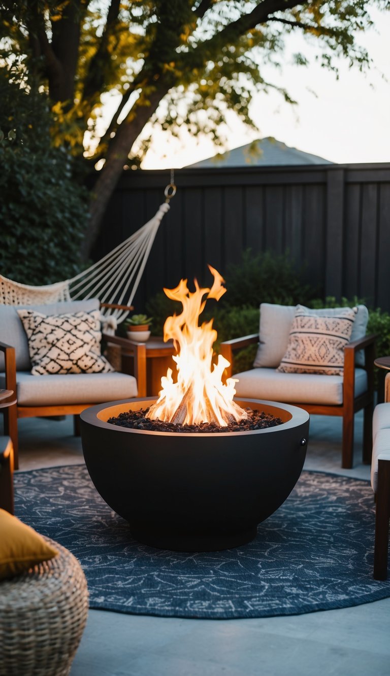 A backyard fire pit surrounded by cozy seating and a hammock nearby, creating a warm and inviting outdoor space