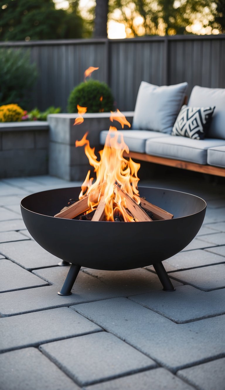 A modern steel fire pit surrounded by concrete pavers in a backyard landscape