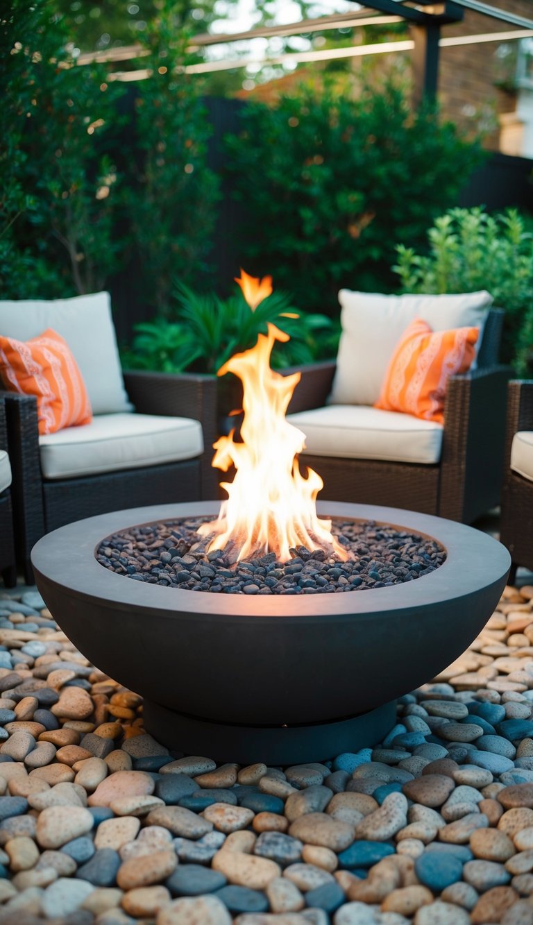 A fire pit surrounded by pebble stone flooring, surrounded by lush backyard greenery
